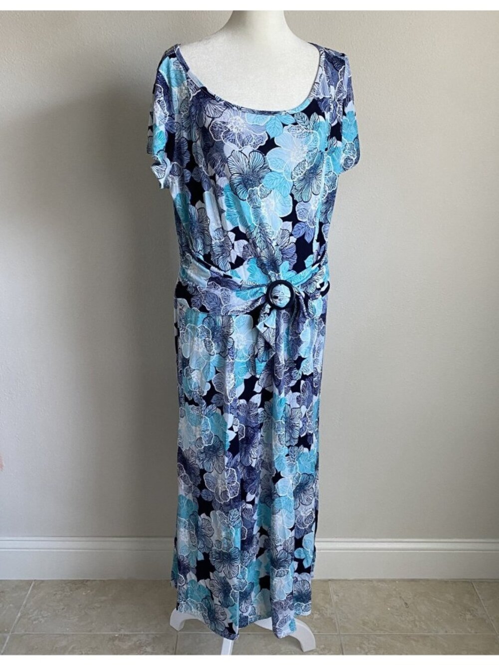 NWT Perception NY Womens 18 Blue Floral Midi Dress Short Sleeves Belted